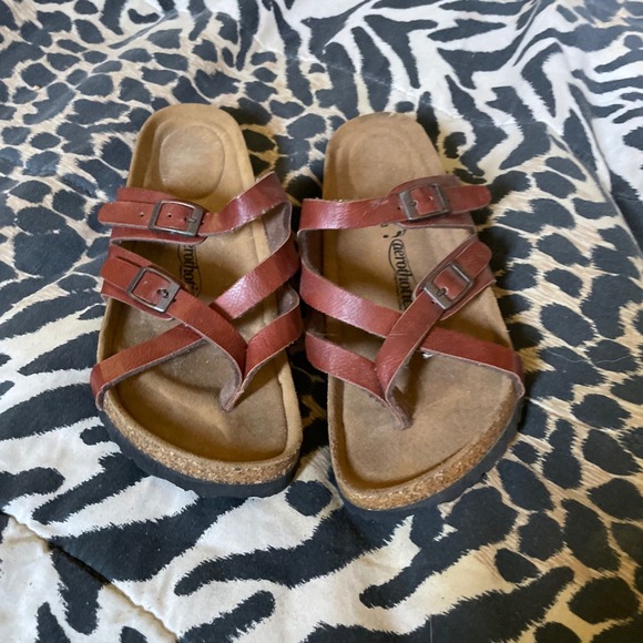 Aerothotic Sandals Size 38 EU 7.5 US Brown Leather Cork Comfort Slip On Casual - Picture 1 of 6